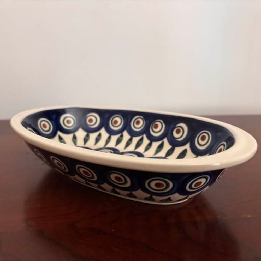Vintage Polish Pottery Boleslawiec Oval Baker Dish Cobalt Blue Peacock Eye 8”